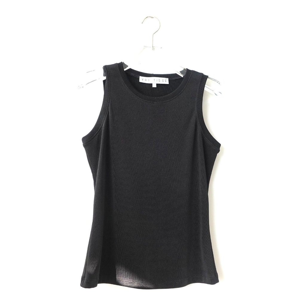 Black‎ Top Womens Medium Knit Tank Crew Neck Basic Sleeveless Stretch Casual USA